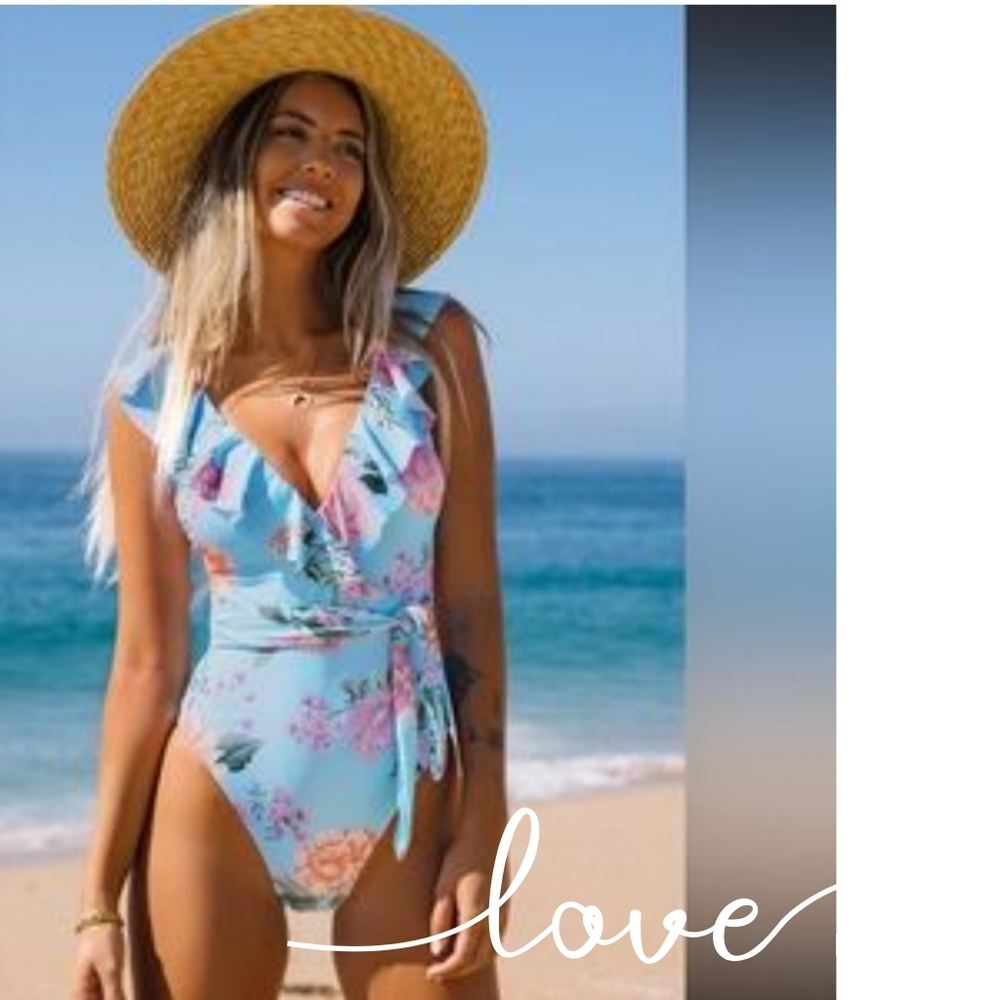 Cupshe Blue Floral Ruffle One-Piece Swimsuit Size Large